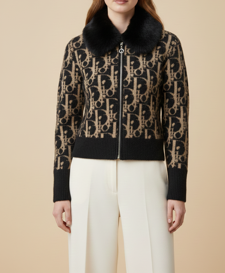 black Leopard Knit Cardigan with Faux Fur Collar