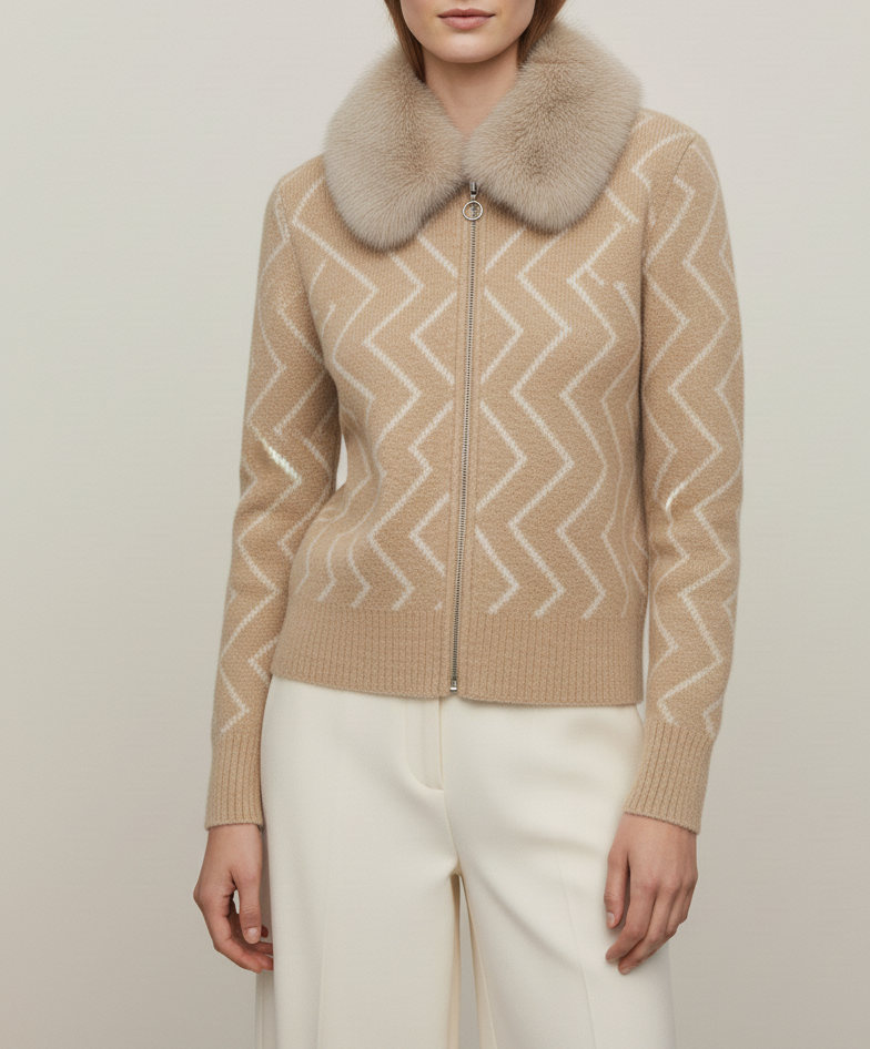 Soft Beige Fur-Collar Womenβs Cardigan