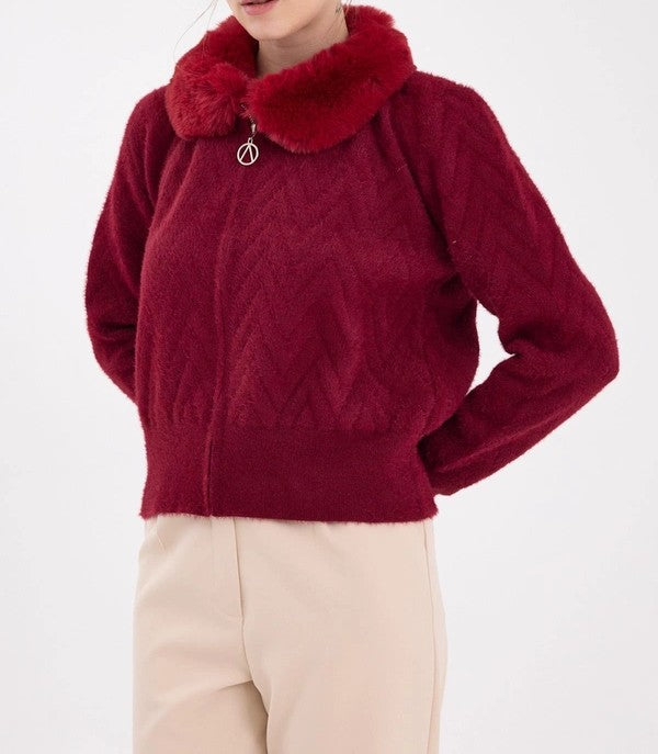 Burgundy Collar Fur Detailed Women's Cardigan
