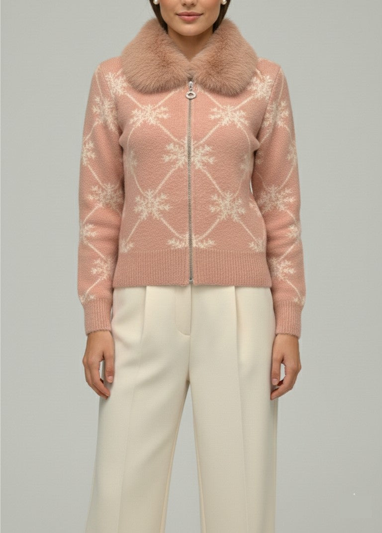 Blush Pink Snowflake Knit Cardigan with Faux-Fur Collar