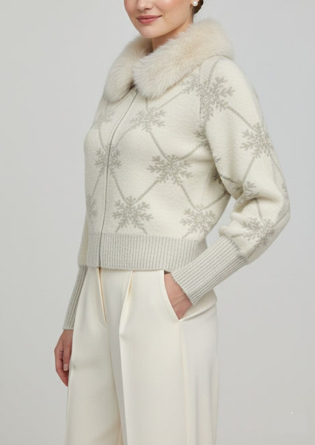 Winter White Snowflake Cardigan with Soft Fur Collar