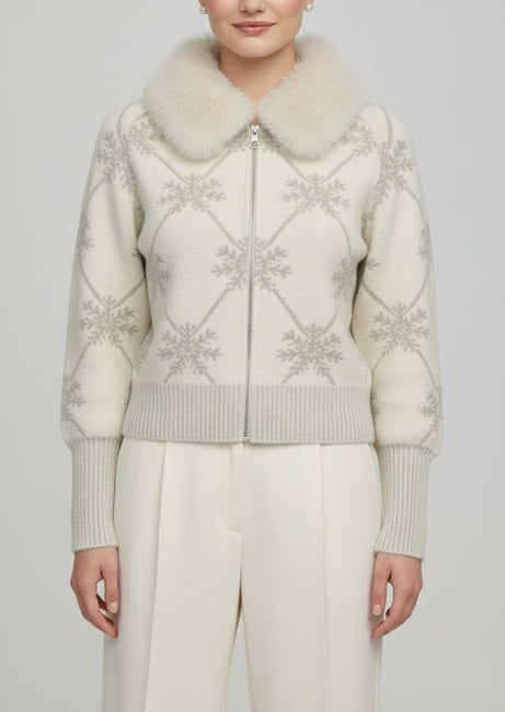 Winter White Snowflake Cardigan with Soft Fur Collar