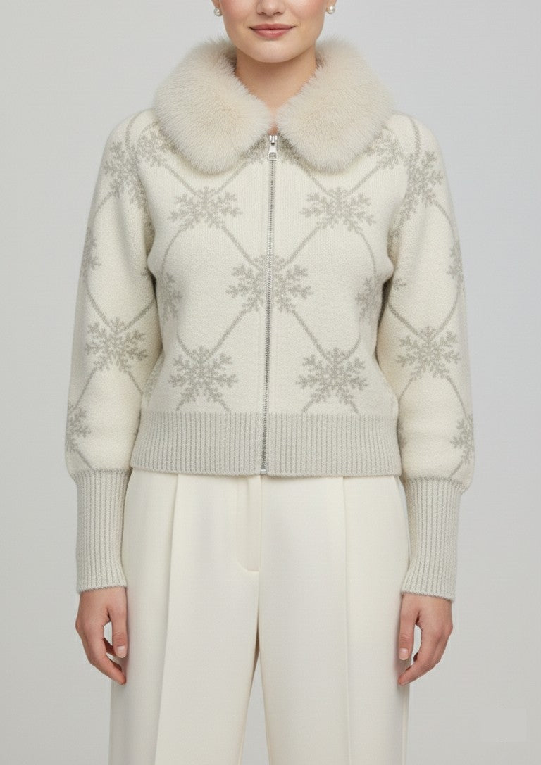 Winter White Snowflake Cardigan with Soft Fur Collar