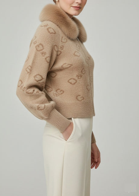 Brown Monogram Zip-Up Cardigan with Faux-Fur Collar