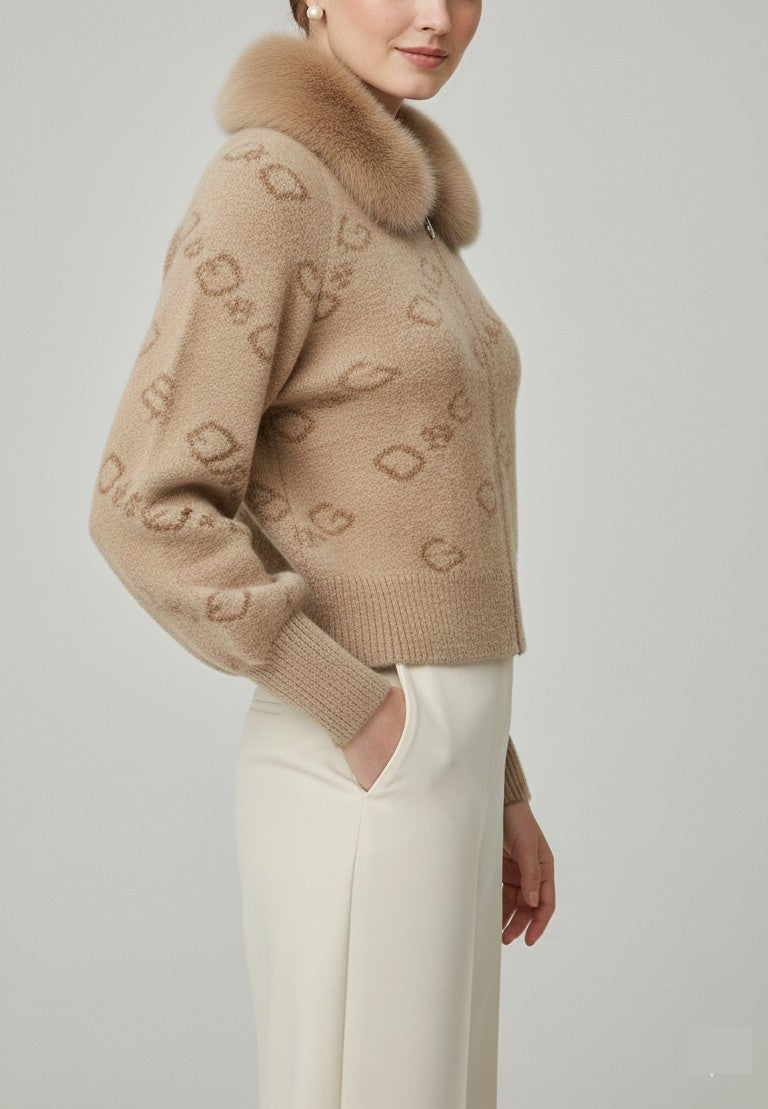 Brown Monogram Zip-Up Cardigan with Faux-Fur Collar