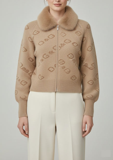 Brown Monogram Zip-Up Cardigan with Faux-Fur Collar