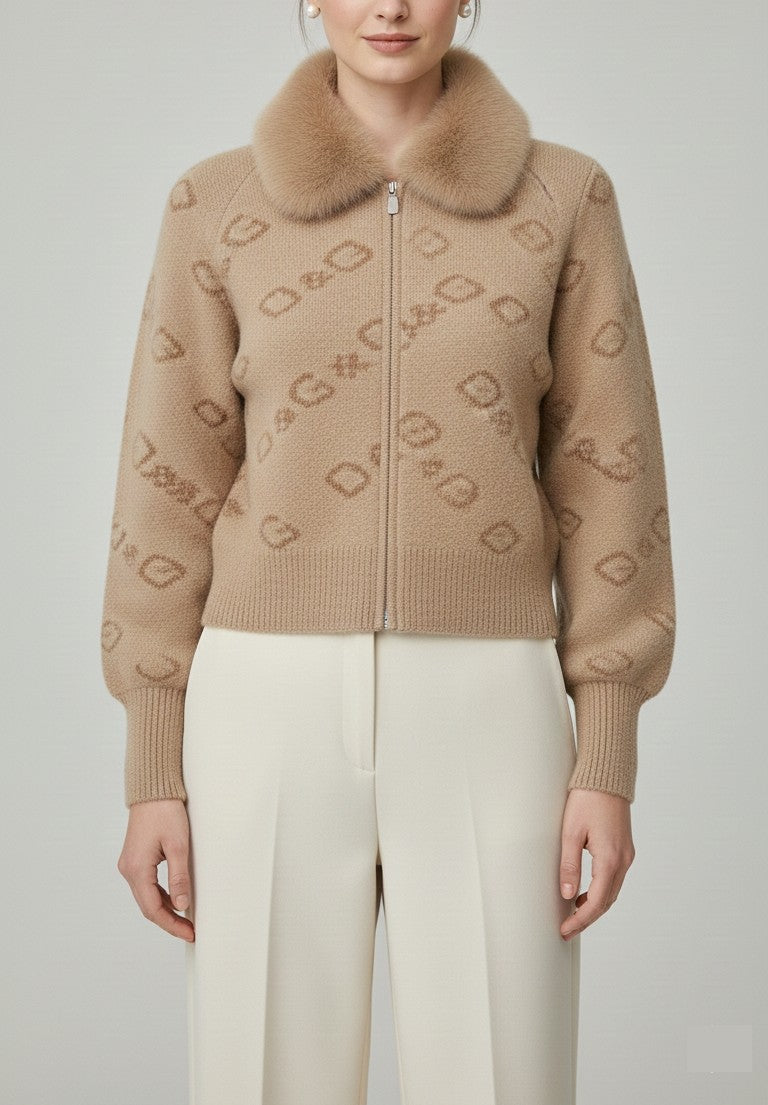 Brown Monogram Zip-Up Cardigan with Faux-Fur Collar