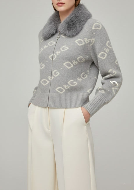 Grey Monogram Knit Cardigan with Faux-Fur Collar