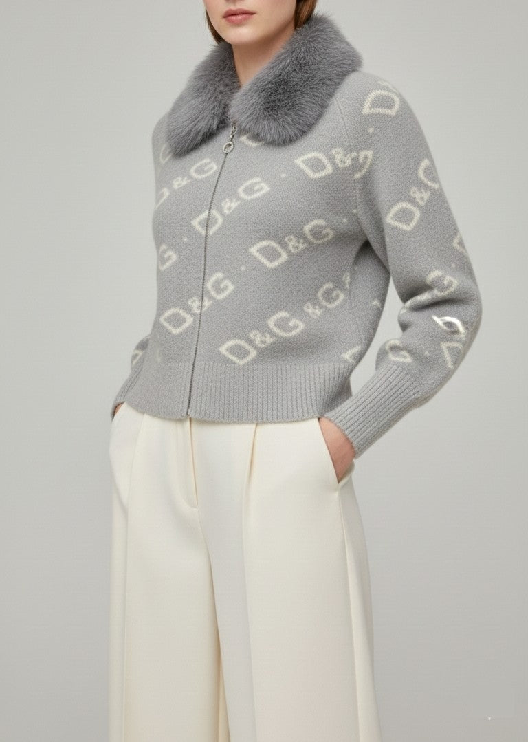 Grey Monogram Knit Cardigan with Faux-Fur Collar