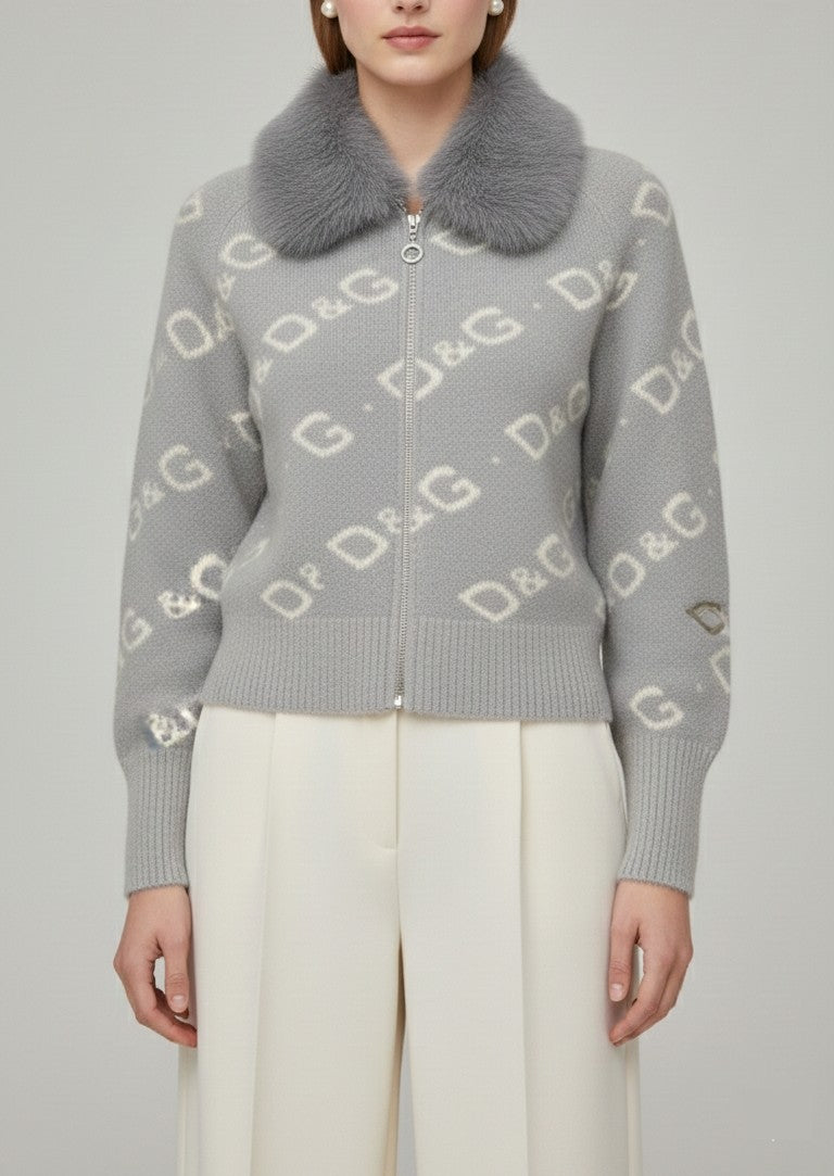 Grey Monogram Knit Cardigan with Faux-Fur Collar