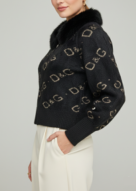 Black Fuzzy Knit Zip-Up with Gold Monogram and Fur Collar