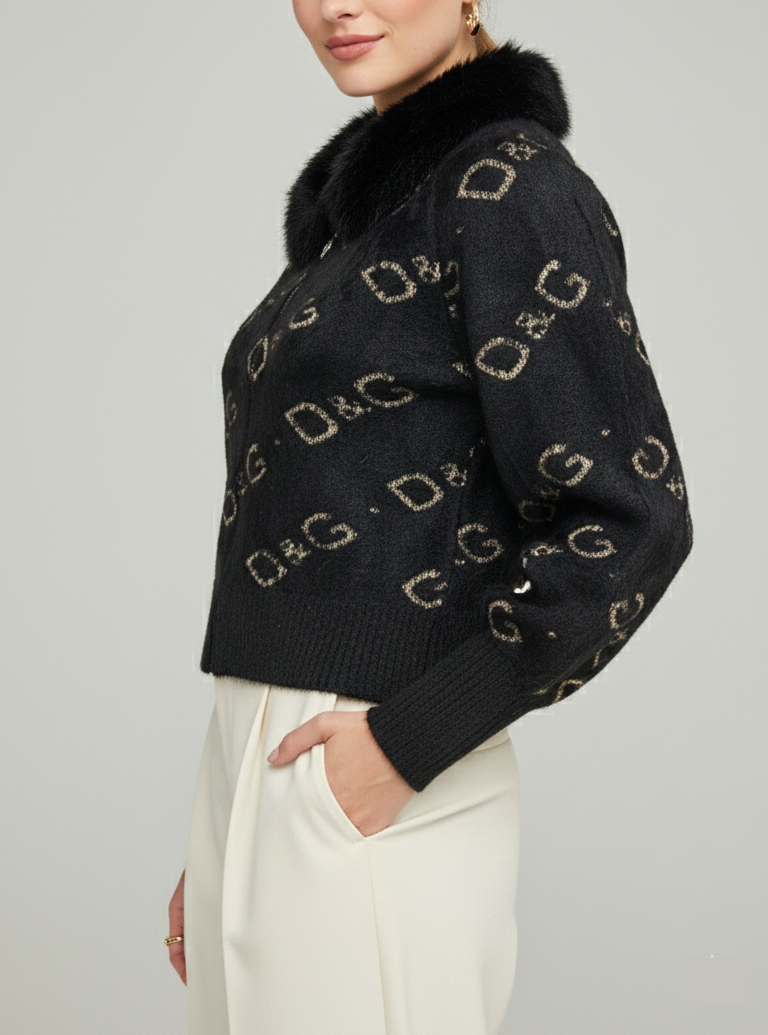 Black Fuzzy Knit Zip-Up with Gold Monogram and Fur Collar