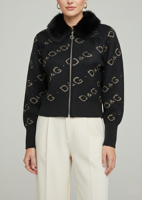 Black Fuzzy Knit Zip-Up with Gold Monogram and Fur Collar