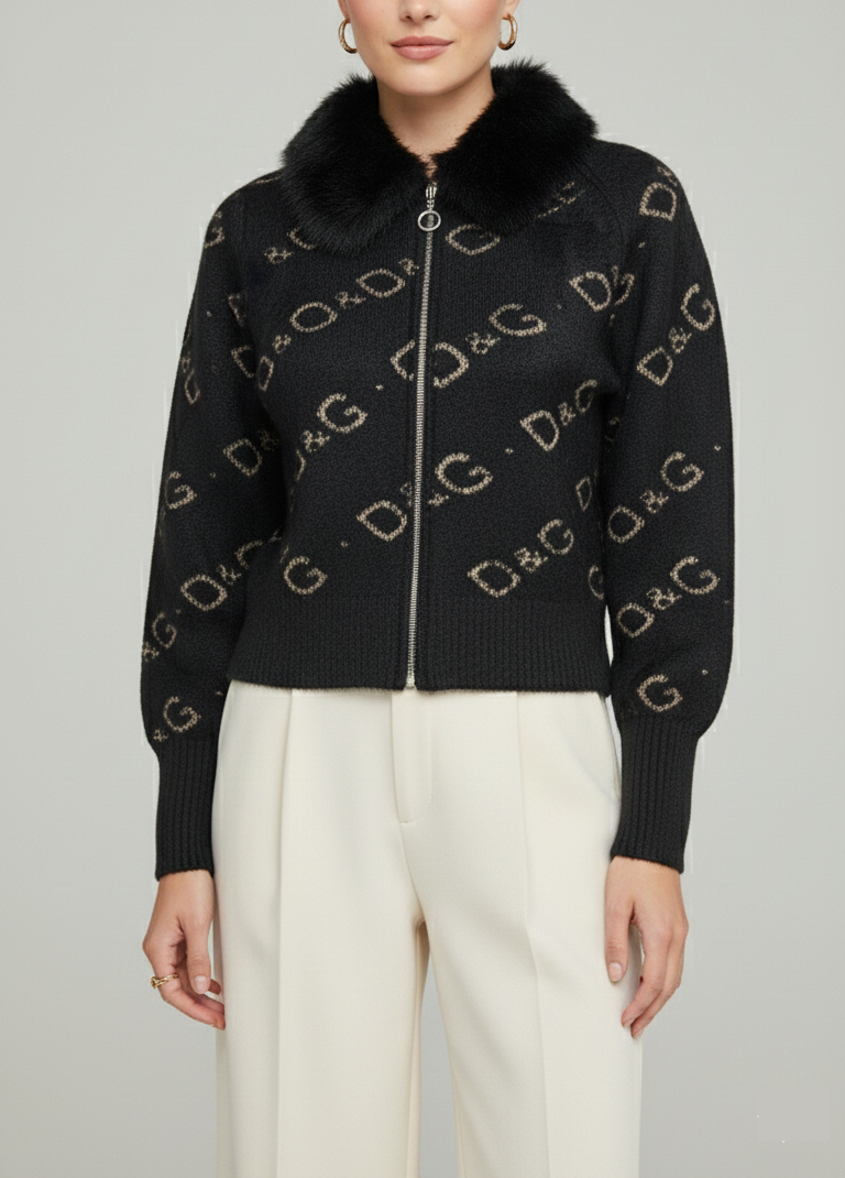 Black Fuzzy Knit Zip-Up with Gold Monogram and Fur Collar