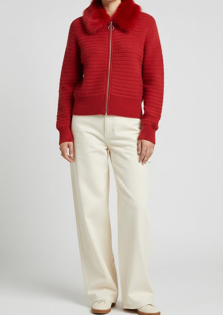 Red Textured Knit Cardigan with Plush Fur Collar