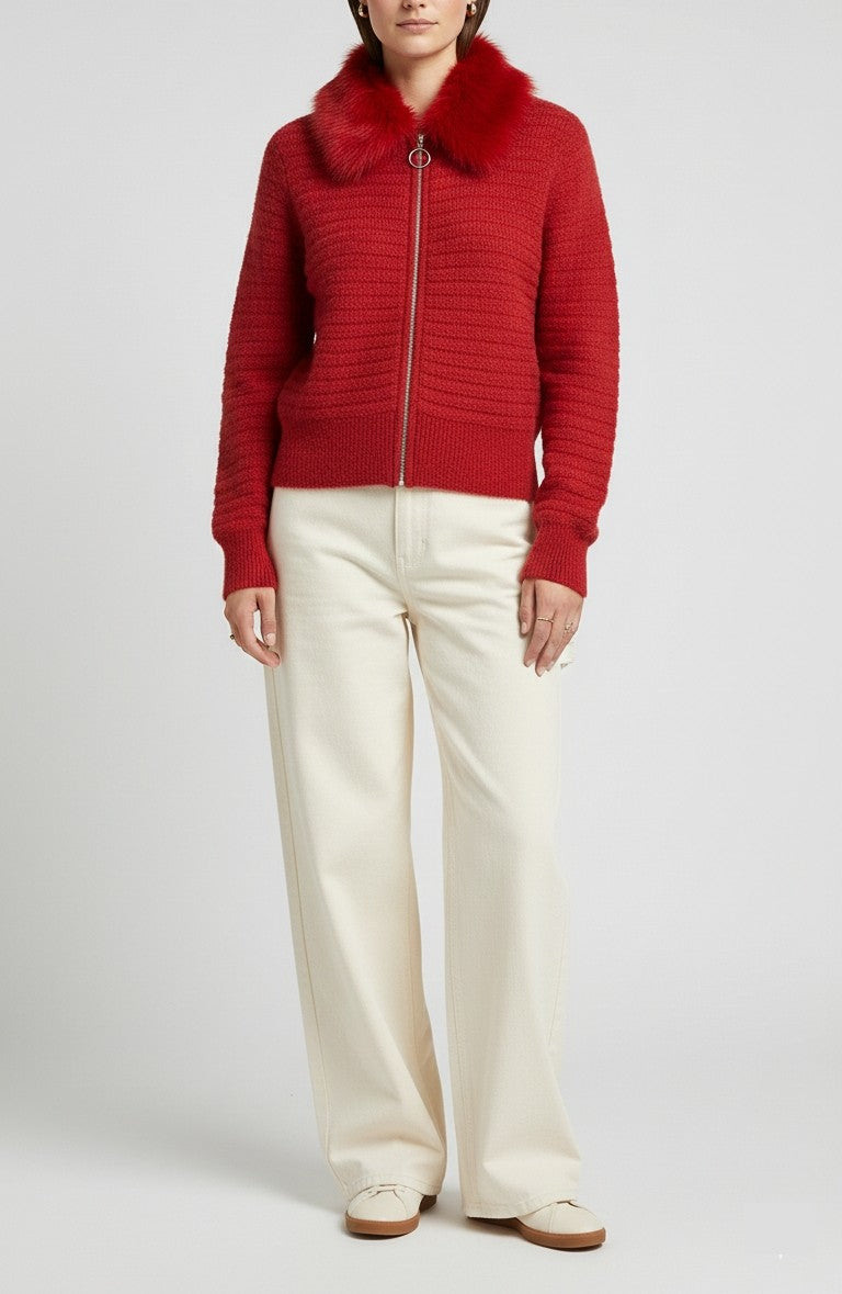 Red Textured Knit Cardigan with Plush Fur Collar