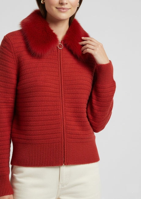 Red Textured Knit Cardigan with Plush Fur Collar