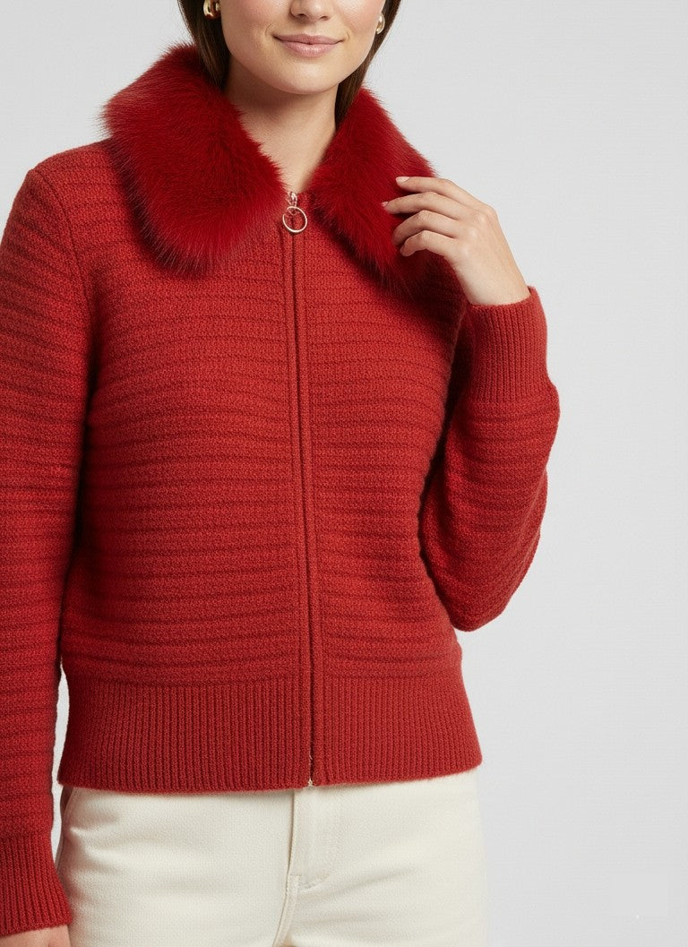 Red Textured Knit Cardigan with Plush Fur Collar