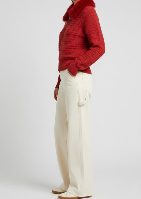 Red Textured Knit Cardigan with Plush Fur Collar