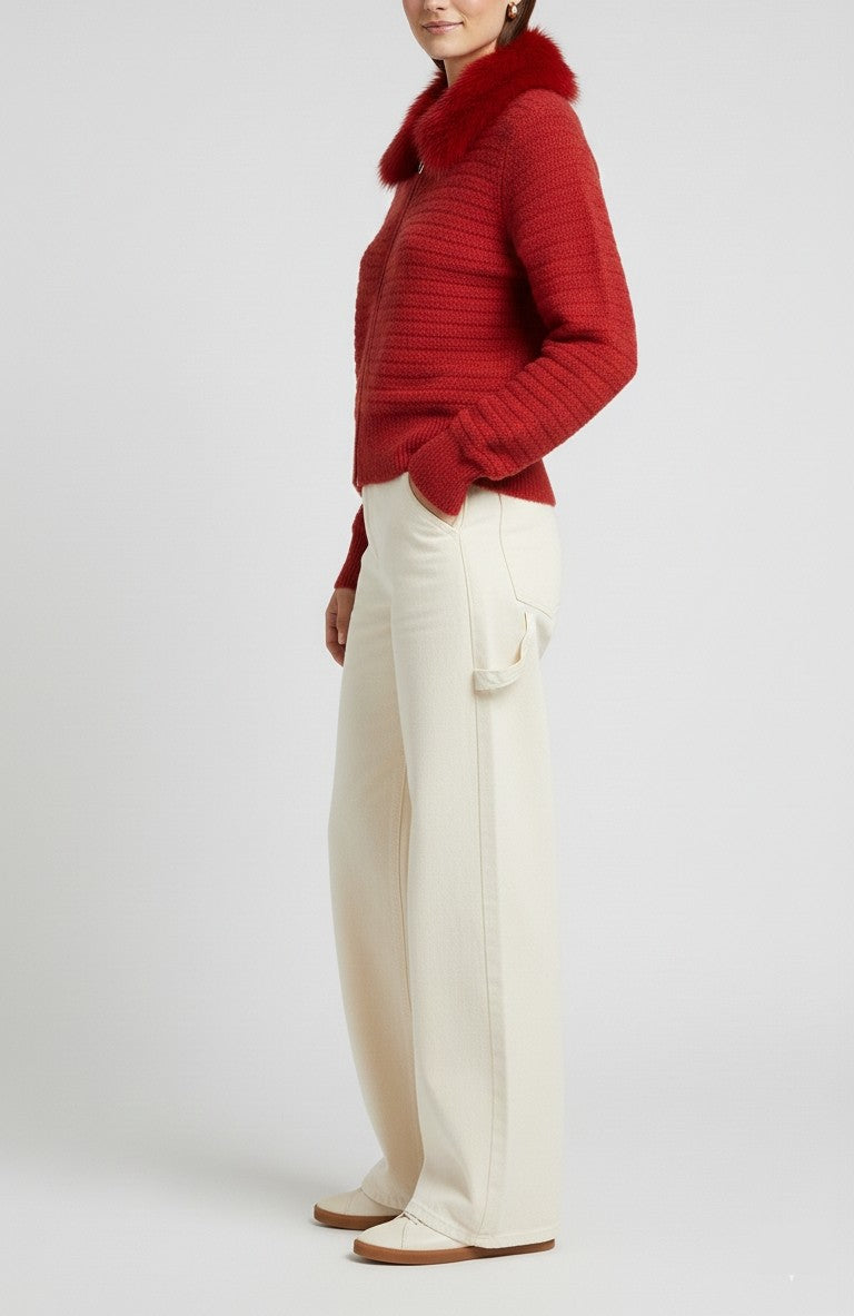 Red Textured Knit Cardigan with Plush Fur Collar