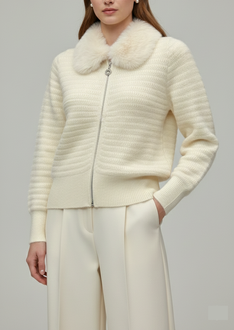 Classic Cream Knit Jacket with Fur Accent