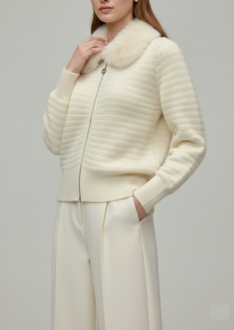 Classic Cream Knit Jacket with Fur Accent