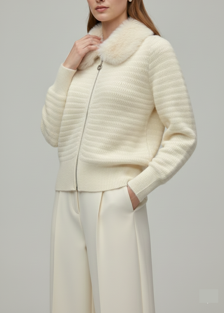 Classic Cream Knit Jacket with Fur Accent