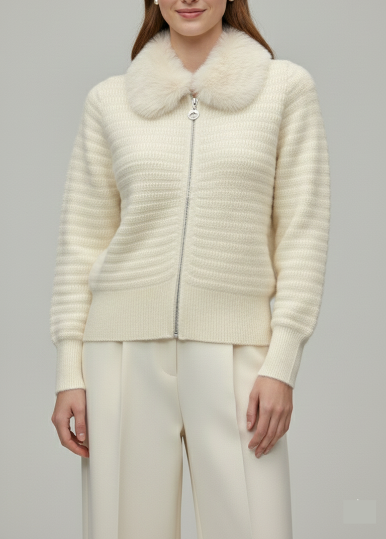 Classic Cream Knit Jacket with Fur Accent