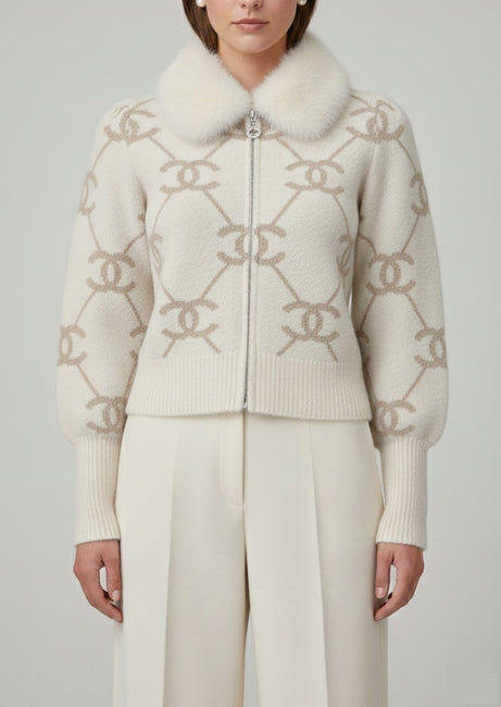 Cream Knit Cardigan with Light Grey Pattern and Faux-Fur Collar