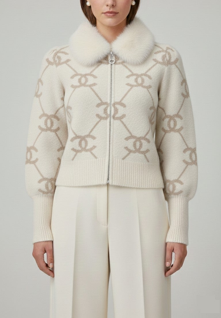 Cream Knit Cardigan with Light Grey Pattern and Faux-Fur Collar