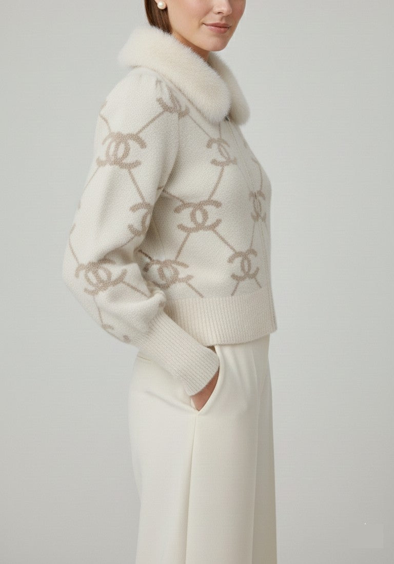 Cream Knit Cardigan with Light Grey Pattern and Faux-Fur Collar
