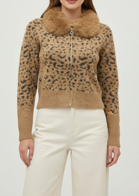 Camel Leopard Knit Cardigan with Faux-Fur Collar