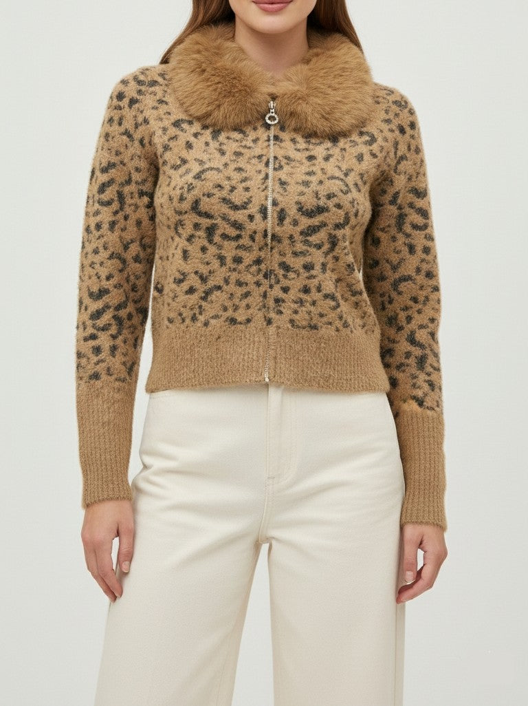 Camel Leopard Knit Cardigan with Faux-Fur Collar