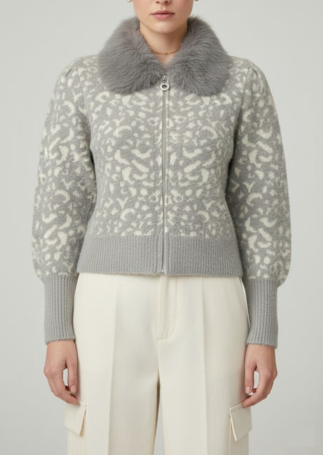 Light Grey Leopard Knit Cardigan with Grey Faux-Fur Collar