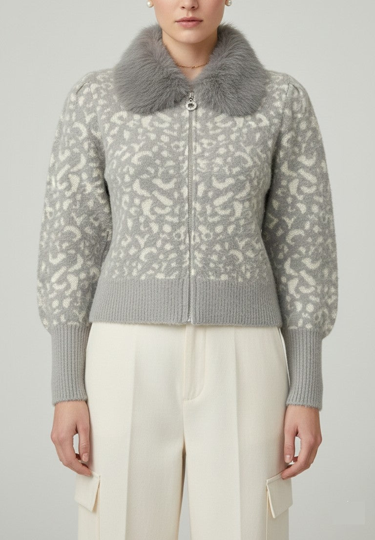Light Grey Leopard Knit Cardigan with Grey Faux-Fur Collar