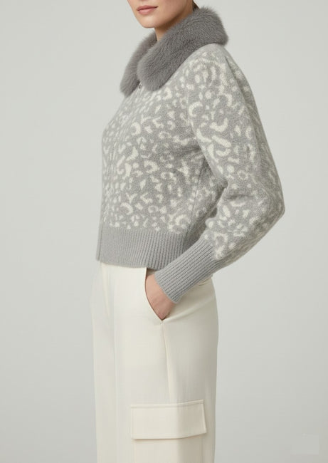 Light Grey Leopard Knit Cardigan with Grey Faux-Fur Collar