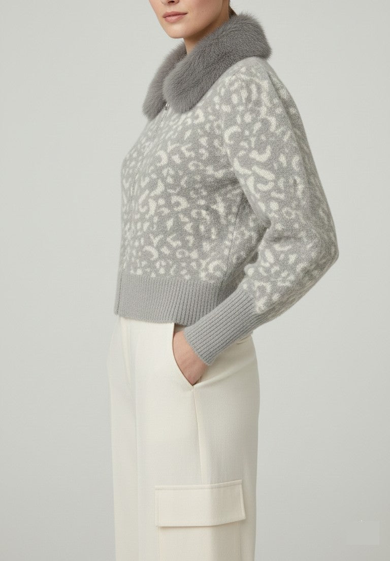 Light Grey Leopard Knit Cardigan with Grey Faux-Fur Collar