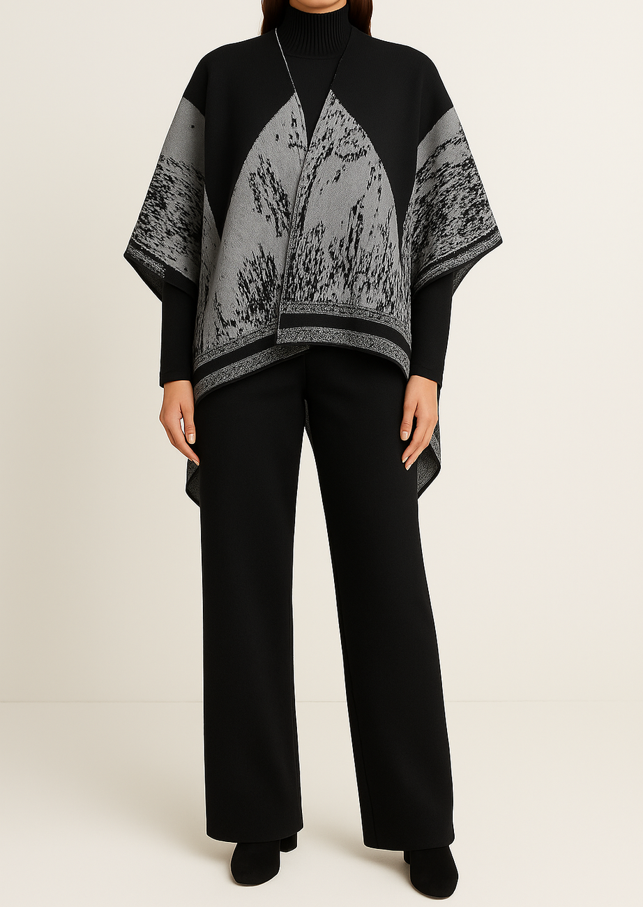 Luxe Burgundy Jacquard Knit Poncho & Wide-Leg Pant Set