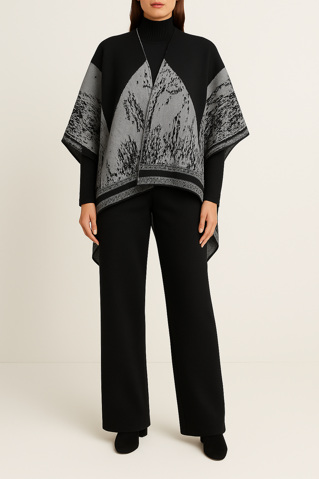 Luxe Burgundy Jacquard Knit Poncho & Wide-Leg Pant Set