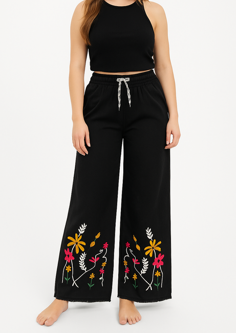 Buddha Stones Black Summer Plain Ethnic Embroidery Cotton Linen Drawstring Women's Pants With Pockets