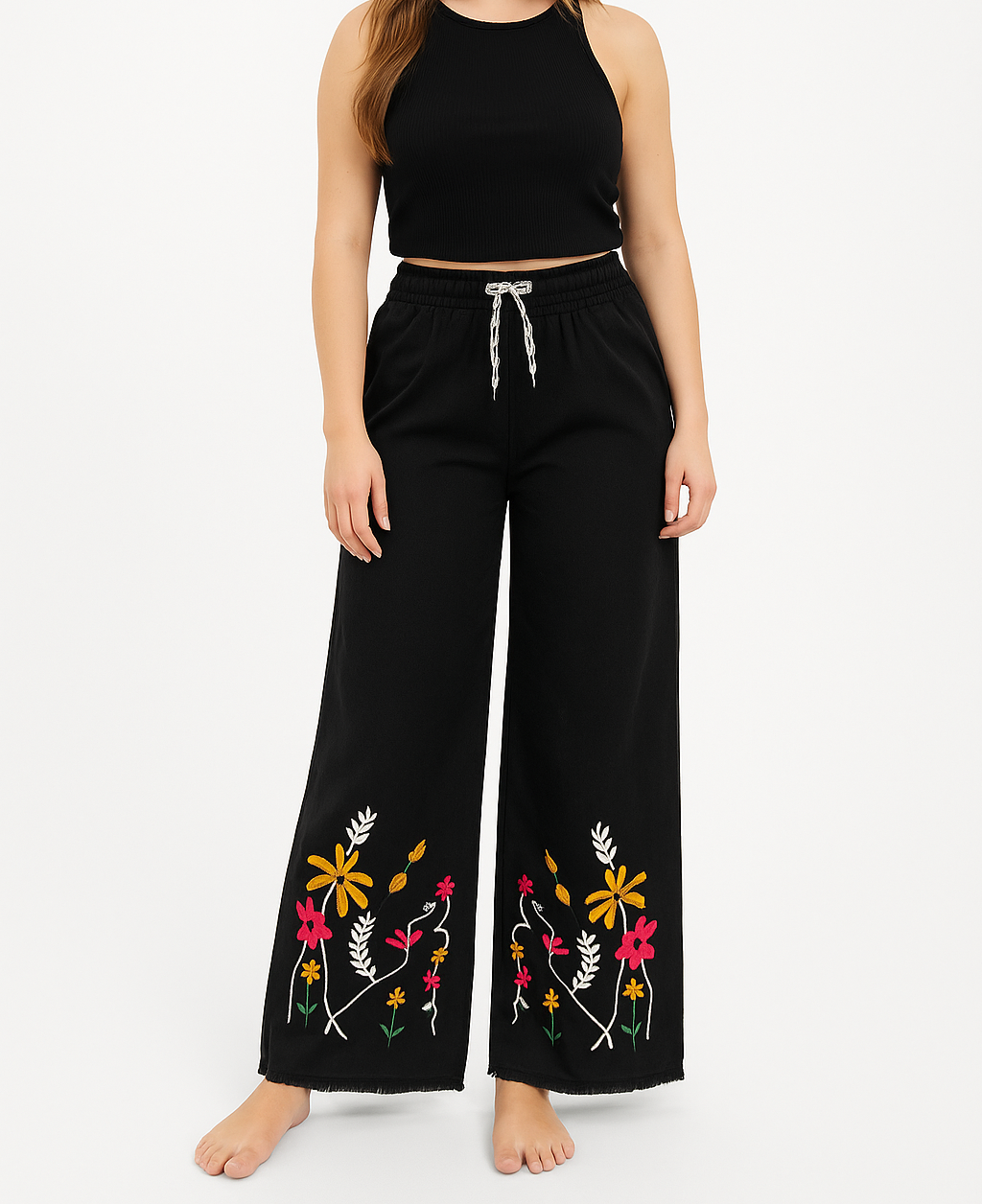 Buddha Stones Black Summer Plain Ethnic Embroidery Cotton Linen Drawstring Women's Pants With Pockets