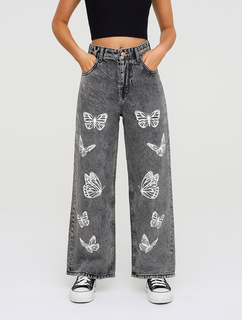 Plus Size Women Butterfly Print Button Waistband wide leg pant