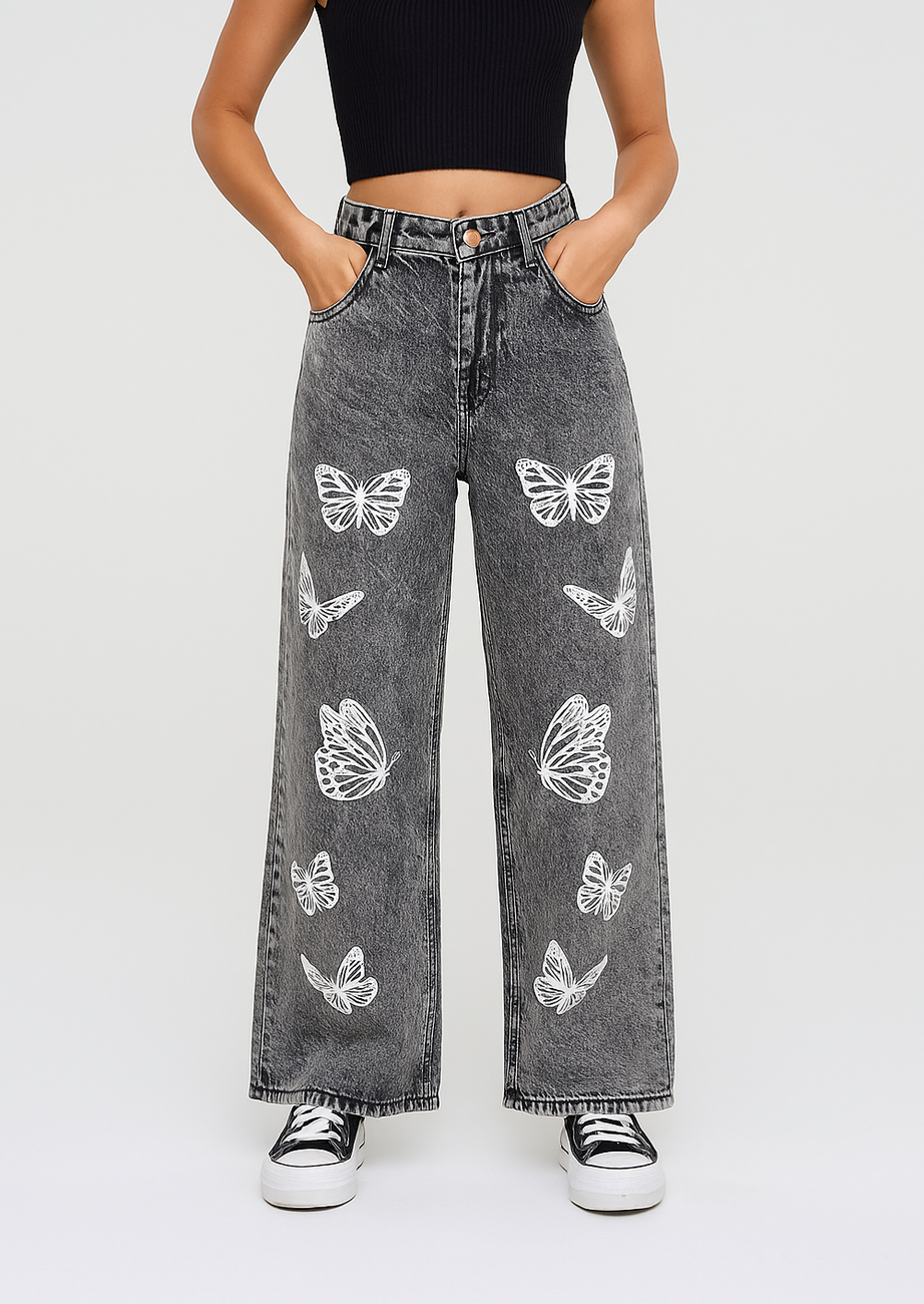 Plus Size Women Butterfly Print Button Waistband wide leg pant