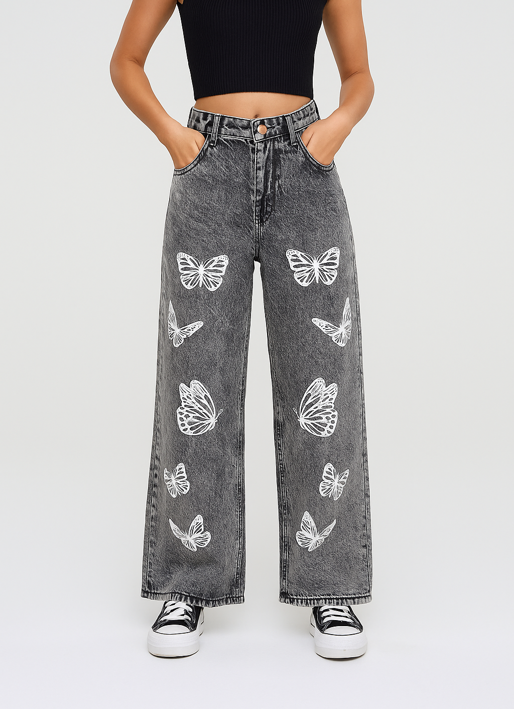 Plus Size Women Butterfly Print Button Waistband wide leg pant