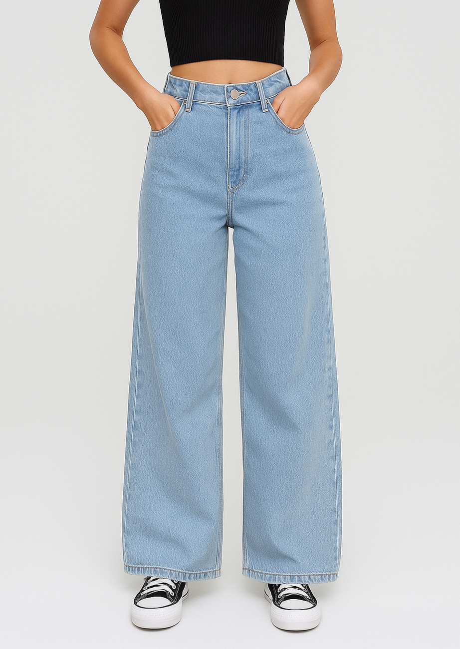ice blue high waist wide leg denim jeans for women