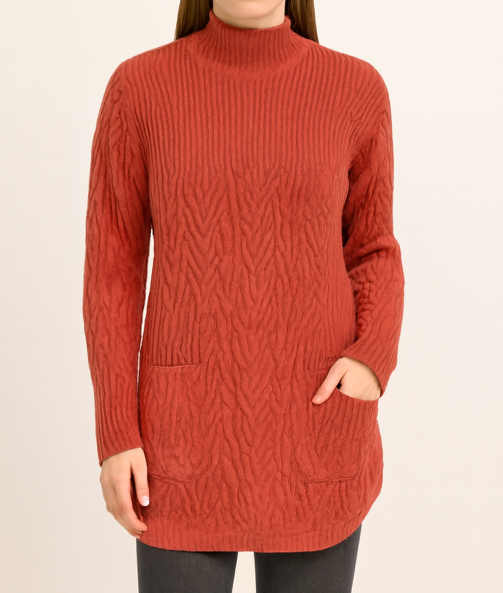 Cozy Cable Knit Turtleneck Sweater in Rich Rust