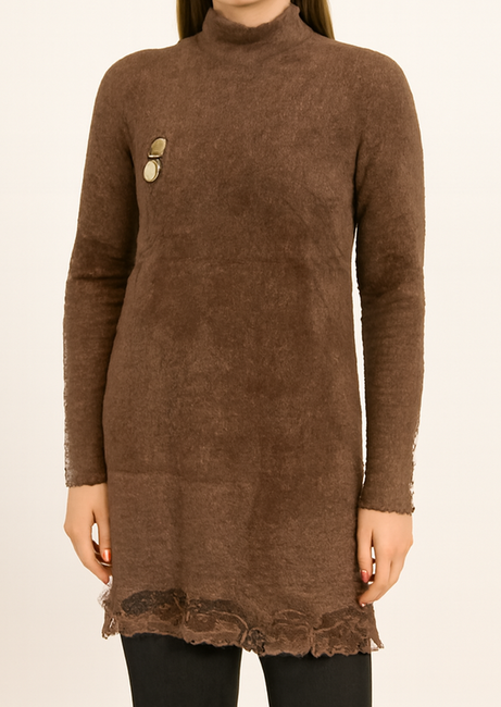 Soft Brown Knit Sweater Dress with Lace Trim and Button Details