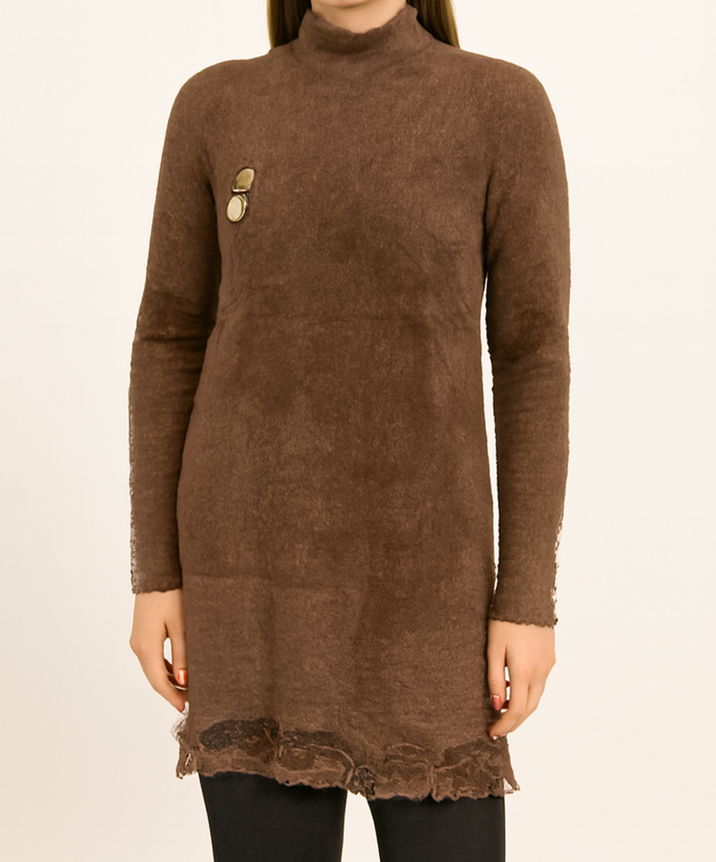 Soft Brown Knit Sweater Dress with Lace Trim and Button Details