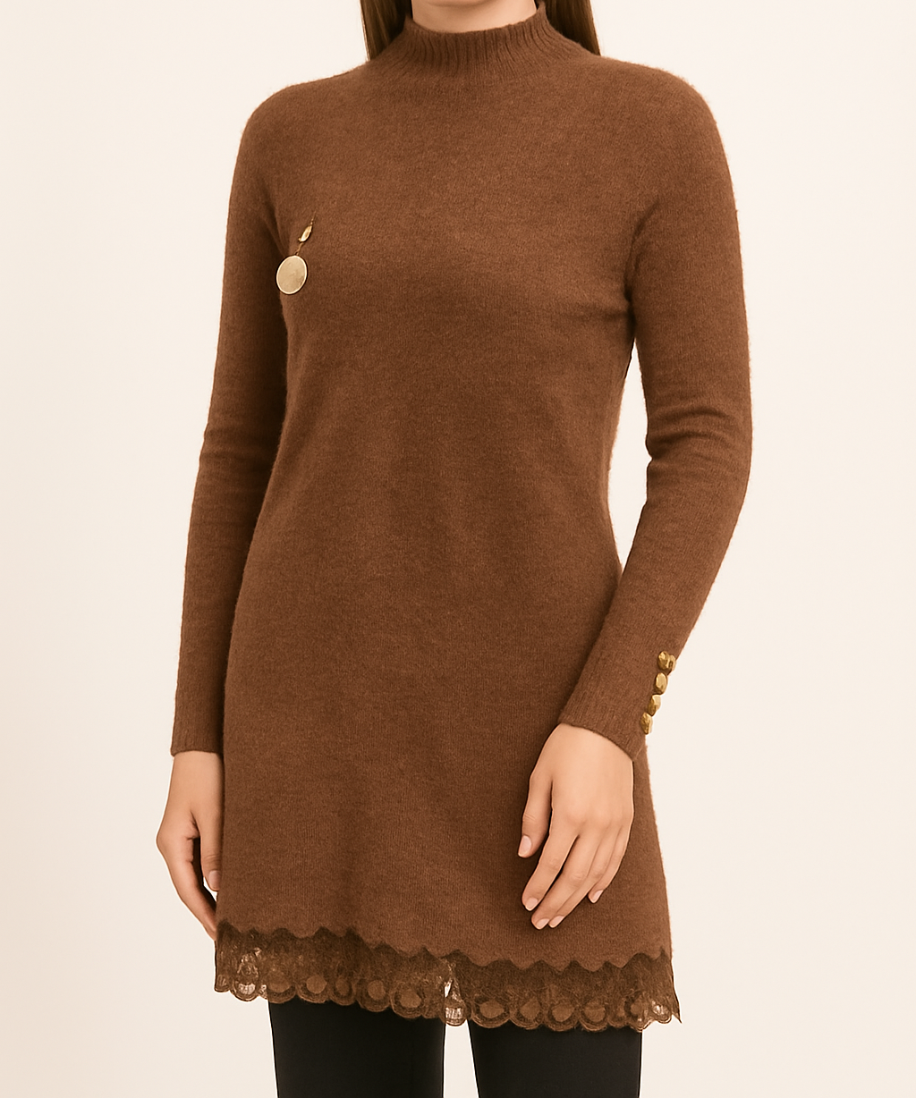 Soft Brown Knit Sweater Dress with Lace Trim and Button Details