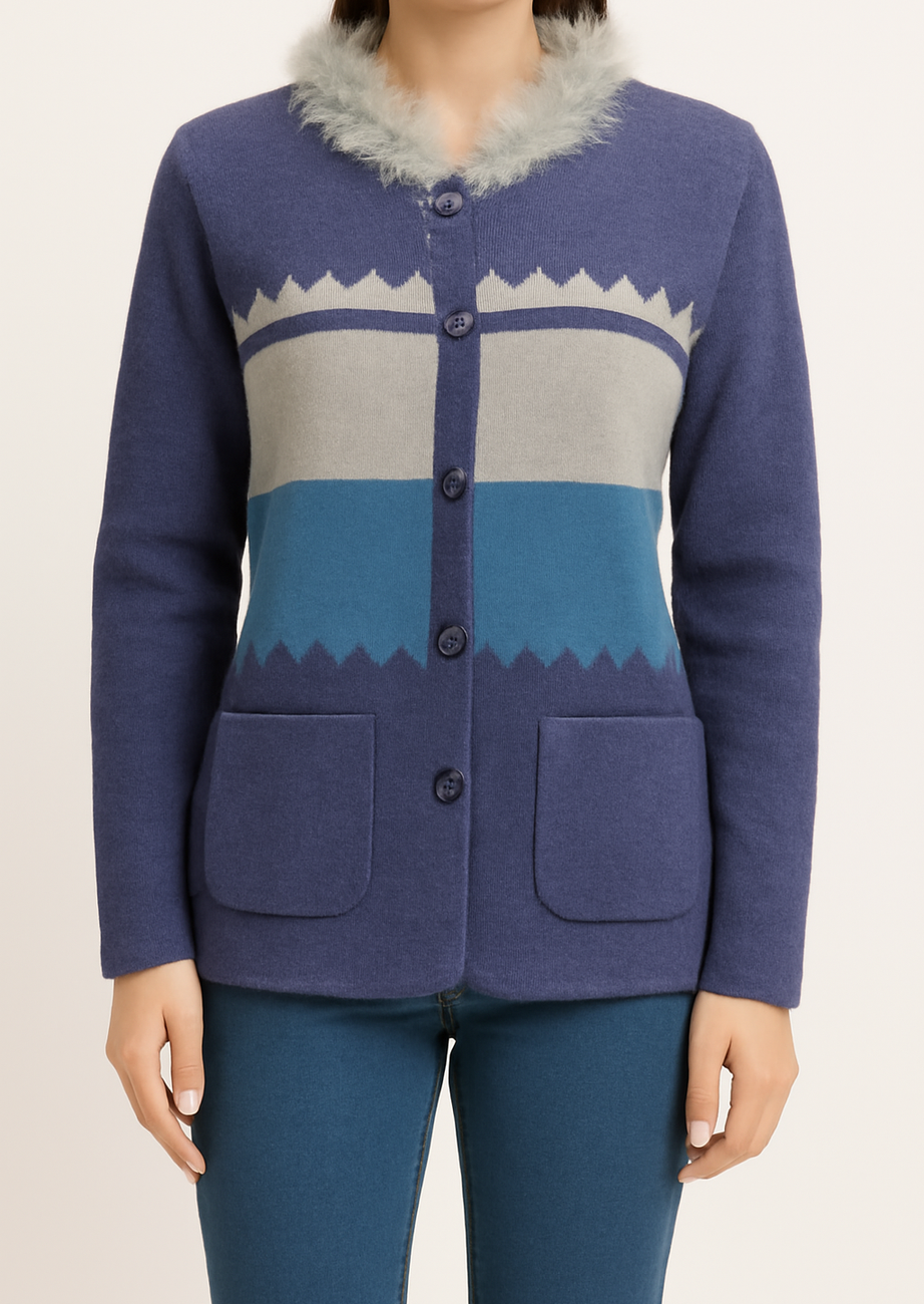 Cozy Wool-Blend Cardigan with Faux Fur Collar and Geometric Design